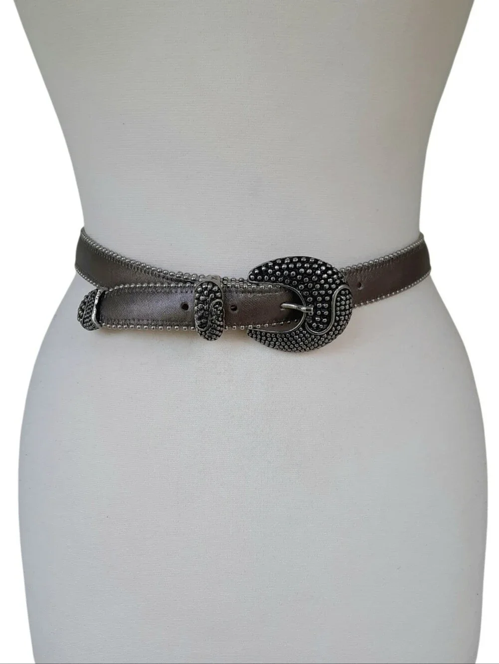 Vtg CACHE Bronze Leather Belt w/3pc Silver Buckle Set & Ball Chain Trim Edge M/L
